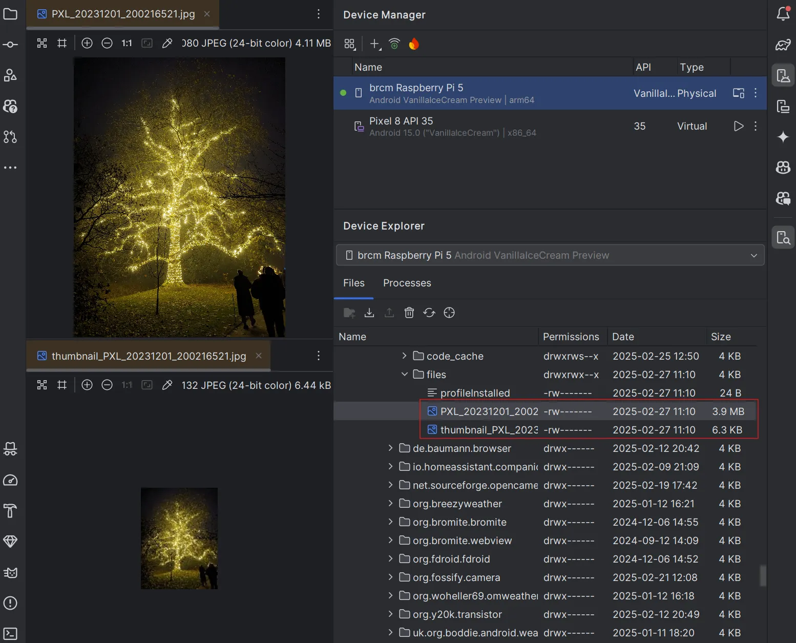 Uploaded image visible in Android Studio’s Device Explorer