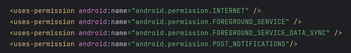 Required permissions added to the Android manifest