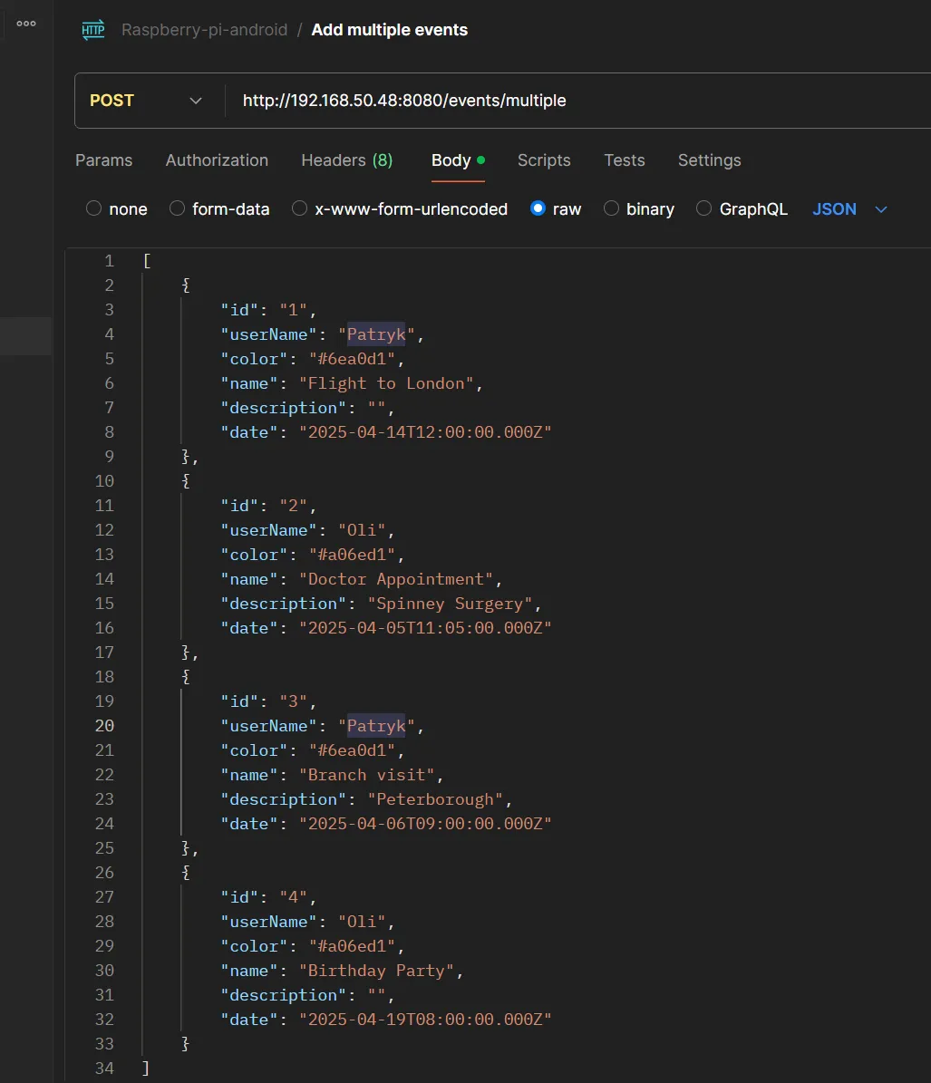 Sample POST request creating an event in Postman