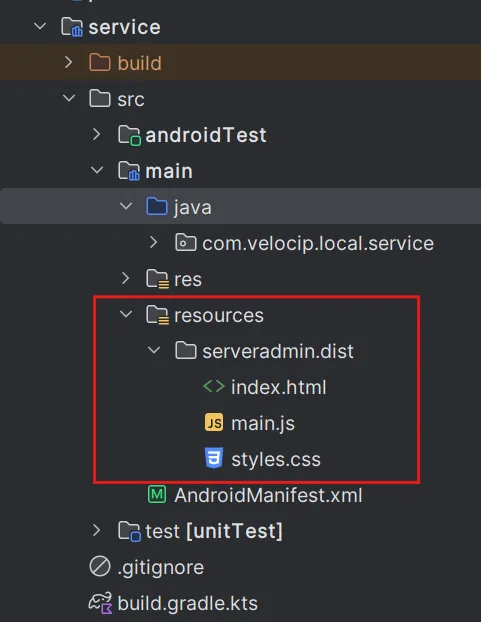 Resources folder with an html/js/css subfolder for static assets