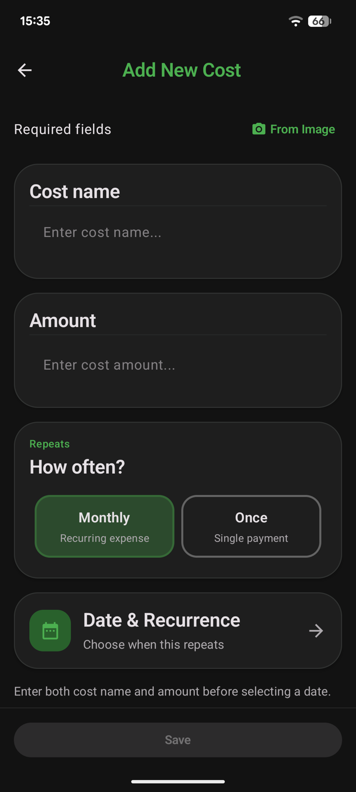 Add new cost form with name, amount, monthly or once toggle, date and recurrence, and a From Image button