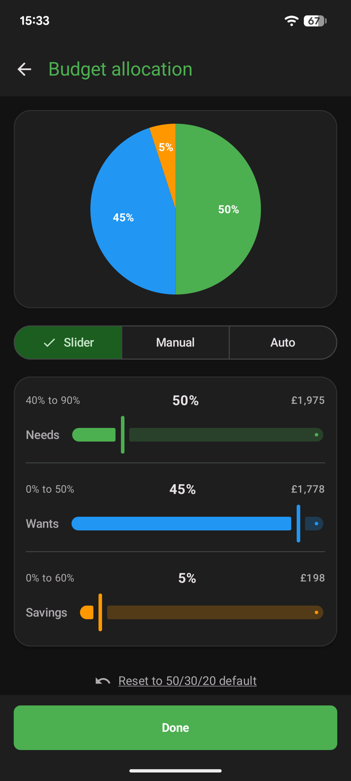 Budget allocation in Slider mode with Needs 50%, Wants 45%, Savings 5%