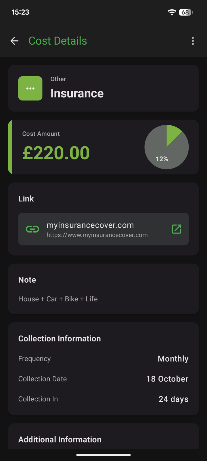 Cost details for Insurance: £220 amount at 12% of the slice, website link, note and collection information