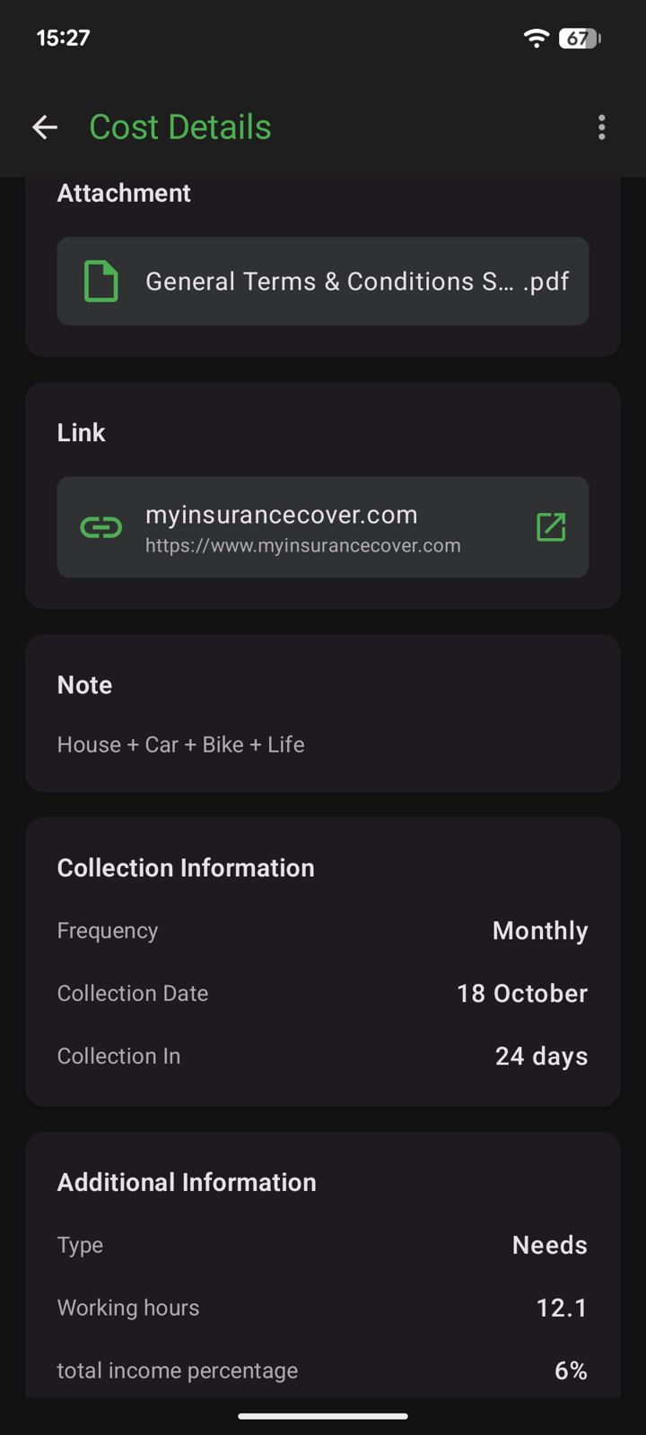 Cost details scrolled down: PDF attachment, link, note, collection date, and additional information including 12.1 working hours