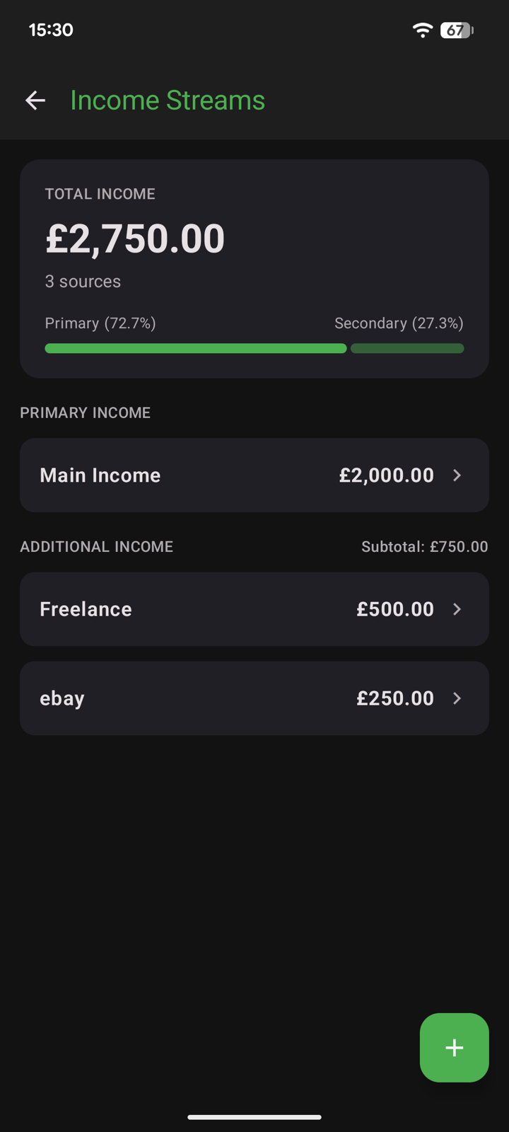 Income streams screen with a main income and two additional streams, Freelance and ebay, with a primary/secondary split bar