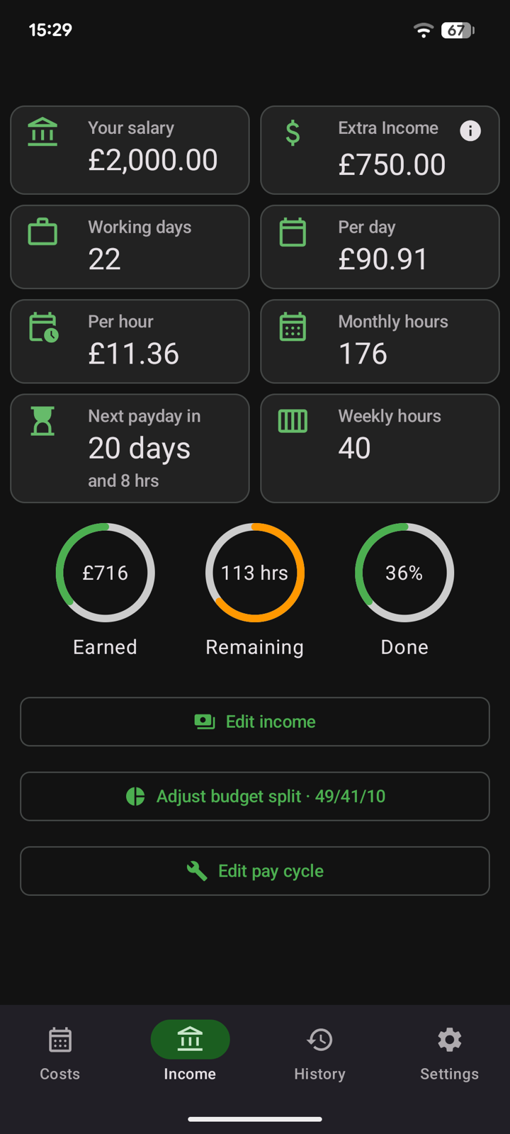 Income dashboard showing salary, extra income, per-day and per-hour rates, next payday countdown and earned/remaining/done progress rings