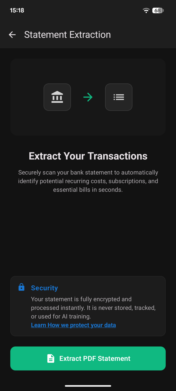 Statement extraction screen with an Extract PDF Statement button and a note about how the statement is handled