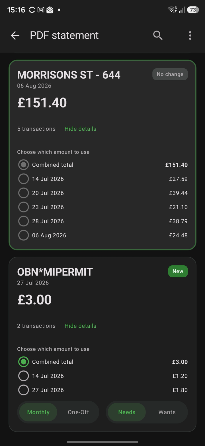Extracted transactions grouped by merchant, with a choice of combined total or individual payment and monthly/one-off and needs/wants toggles