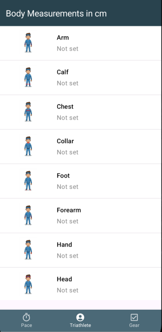 Body measurements list with entries for arm, calf, chest, collar and more