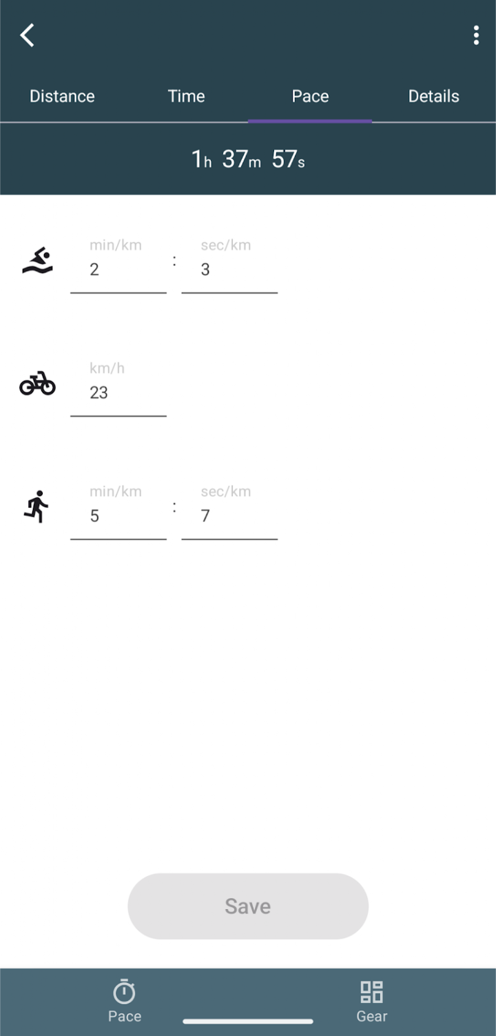 Pace tab showing swim and run pace in min/km and bike speed in km/h