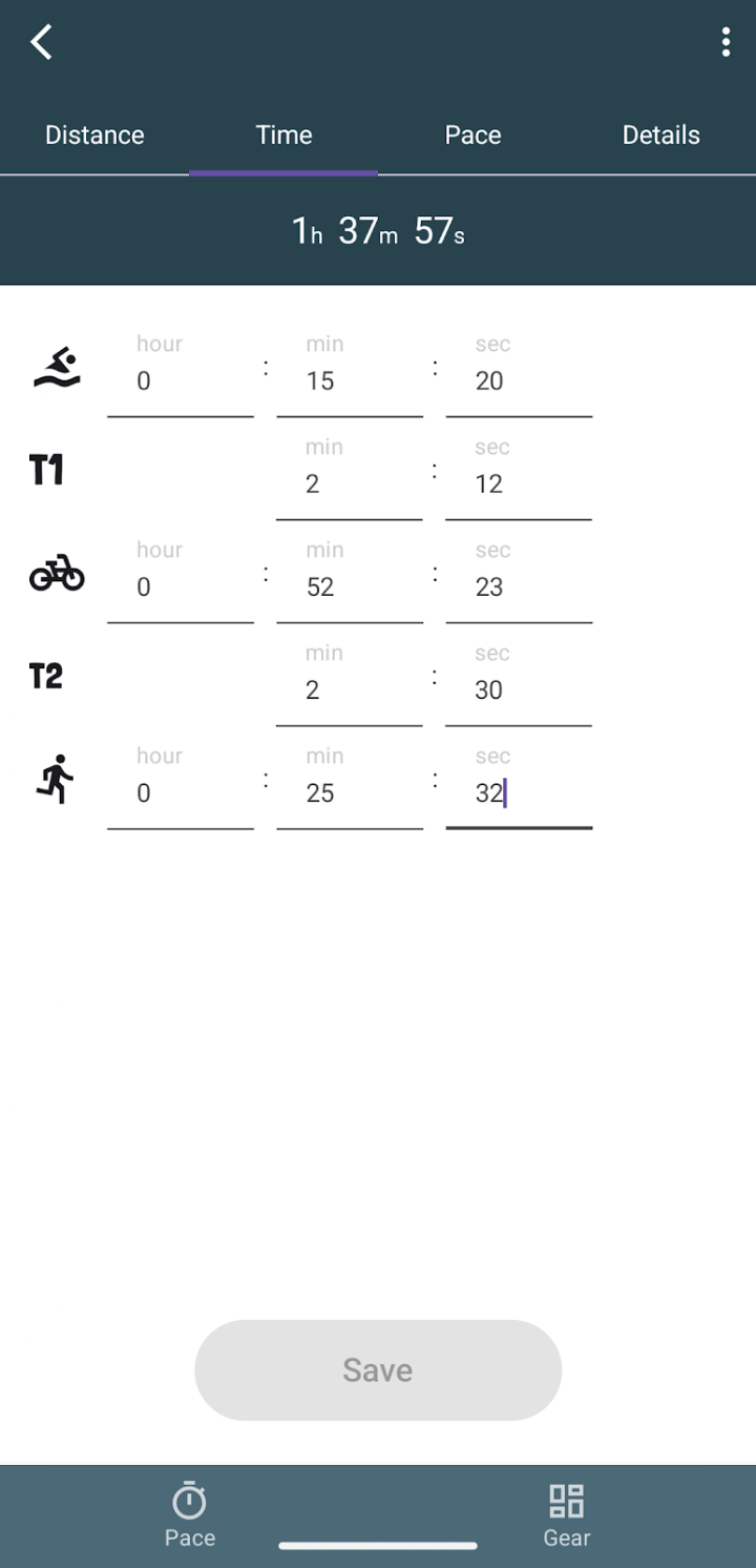 Time tab with per-leg hour/minute/second fields including T1 and T2 transitions